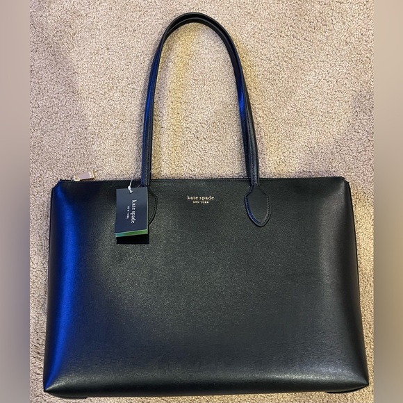 NWT Kate Spade New York Bleecker Large Zip Top Tote. Black Saffiano Leather